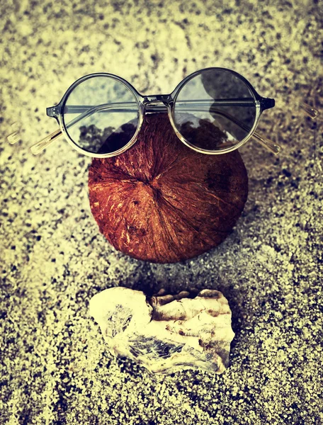 Sunglasses, coconut and shells — Stock Photo, Image