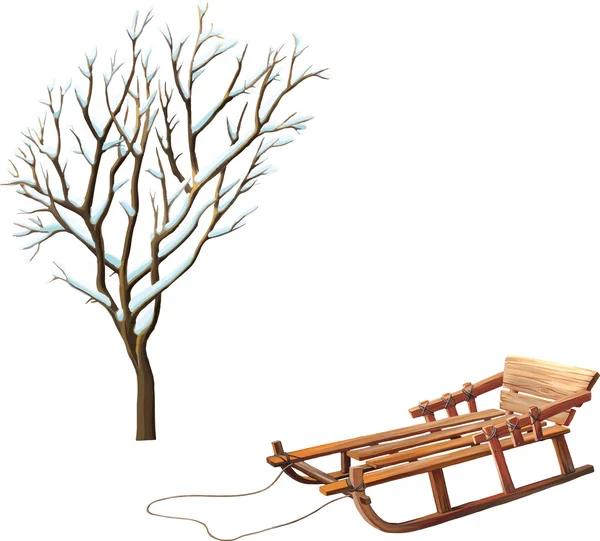 Зимові дерева і дерев'яні сани — стоковий вектор