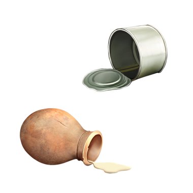 dışarı dökülen süt ile kendi tarafında eski seramik sakat. Açılan Tincan Metal konserve yivli, konserve gıda. Tasarımınız için hazır.
