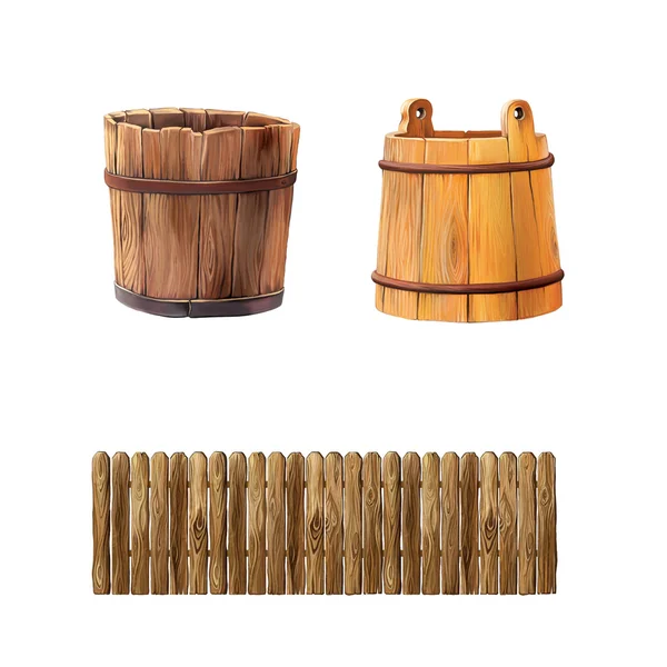 Ilustración de una cerca de madera con bordes redondos, cubo de madera aislado sobre fondo blanco —  Fotos de Stock