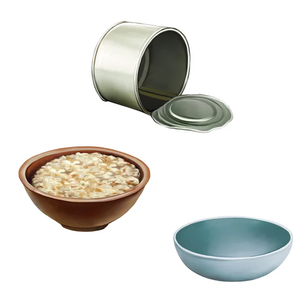 打开碗燕麦粥在白色背景上的空罐。健康的早餐，淡蓝色宠物碗孤立在白色的背景 — 图库照片