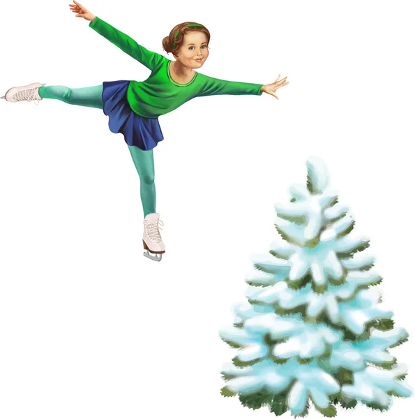 Menina de patinação jovem e árvore de Natal —  Vetores de Stock