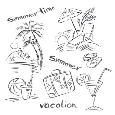 Black and white illustration of traveling themes, Summer vacation background