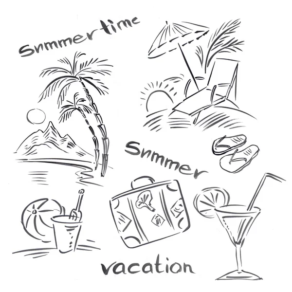 Ilustración en blanco y negro de temas de viaje, fondo de vacaciones de verano — Foto de Stock