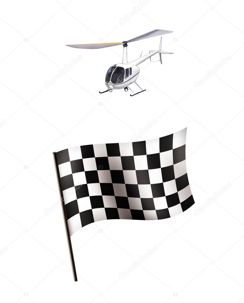 illustration of Racing flag and helicopter isolated on white background