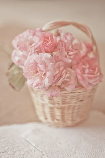 Pink roses in basket — Stock Photo, Image