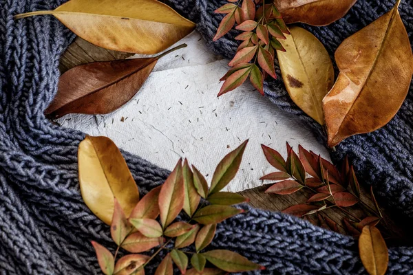 Scarf, autumn leaves and white papers — Stock Photo, Image