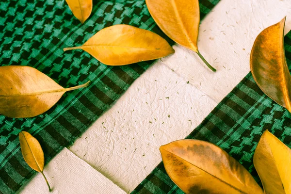 Fondo con foglie, sciarpa e carte — Foto Stock