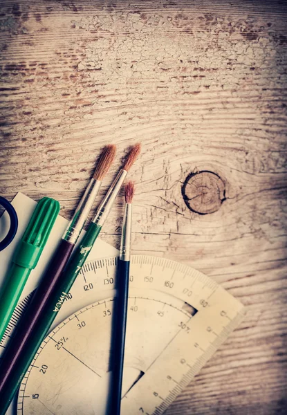 Brushes, marker and ruler — Stock Photo, Image