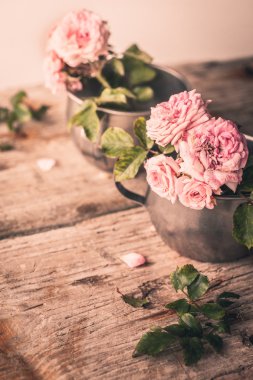 ahşap masa üstünde pembe güller