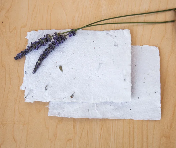 Background with lavender flowers and papers — Stock Photo, Image