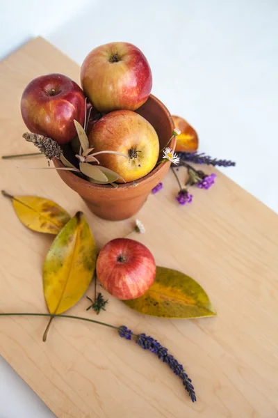 Äpfel und Herbstblätter — Stockfoto