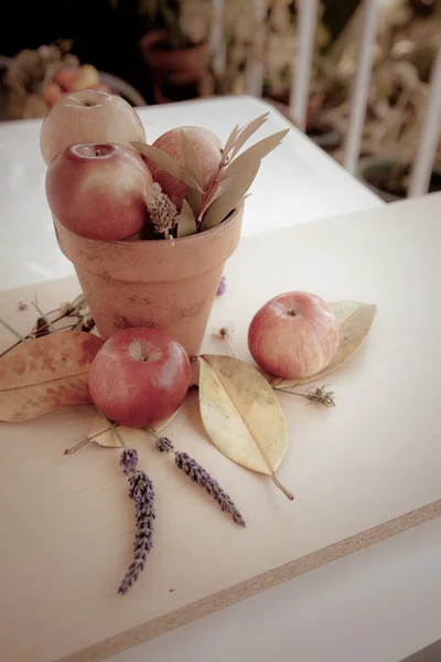 Manzanas y hojas de otoño — Foto de Stock