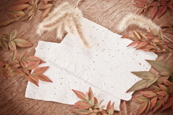 Осенний фон с листьями и бумагами — стоковое фото