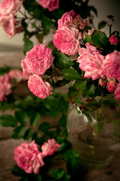 Pink roses on wooden table — Stock Photo, Image