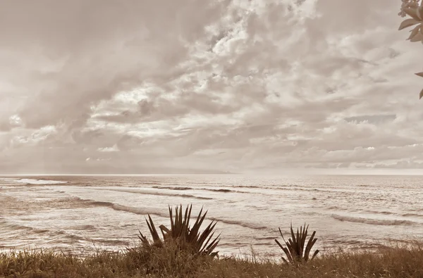A homokos strandtól és a felhős ég táj — Stock Fotó