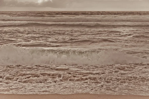Krajina s písečnou pláží a zamračená obloha — Stock fotografie