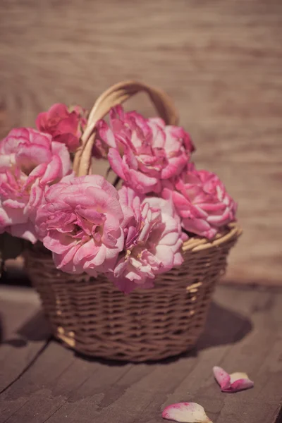 Roze rozen in mand — Stockfoto