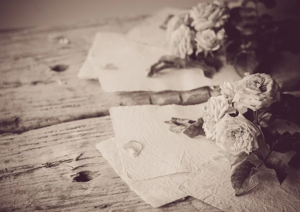 Dry roses and white papers — Stock Photo, Image