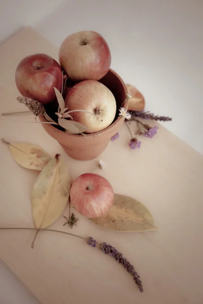 Hintergrund mit Äpfeln und Blättern — Stockfoto