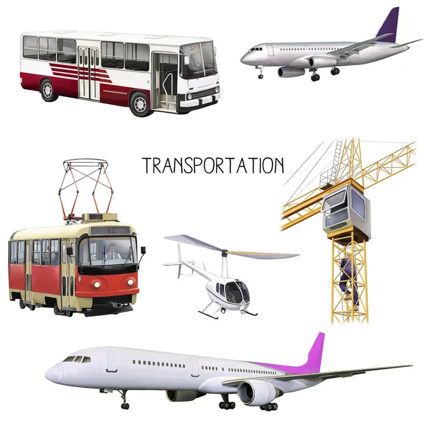 Air planes, crane, tram, bus and helicopter