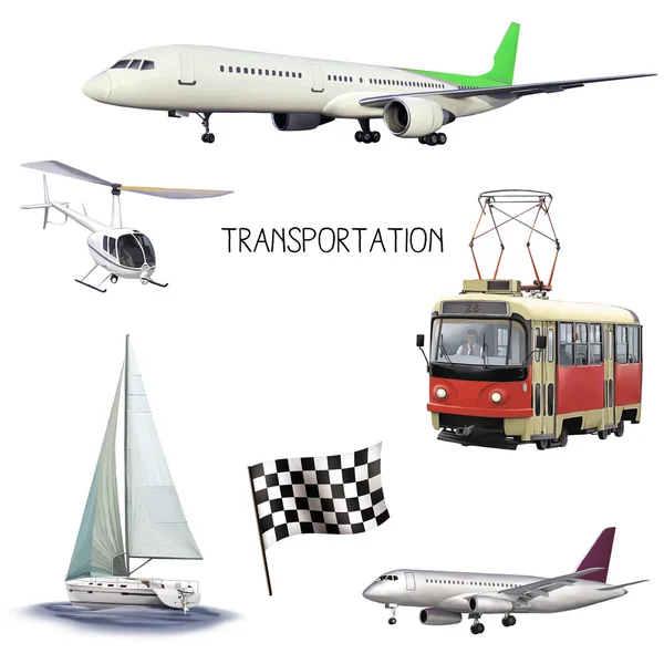 Air plane, trolleybus, yacht, flat and helicopter — Stock Photo, Image