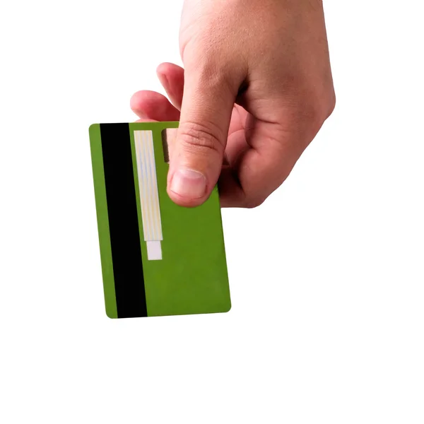 Beyaz arka plan üzerinde elinde kredi kartı