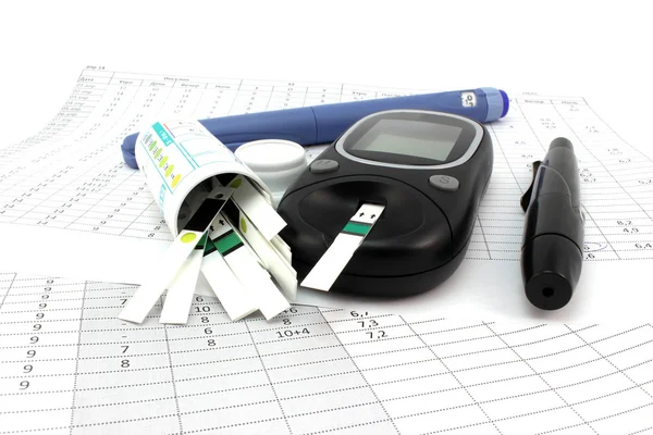 Glucometer test strips en insuline — Stockfoto