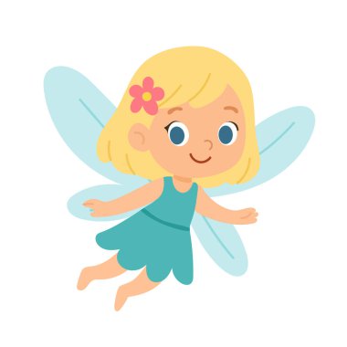 Cute fairy illustration showing a flying winged girl in pastel colors, designed for children stories, nursery decor, fantasy blogs, and whimsical creative projects.