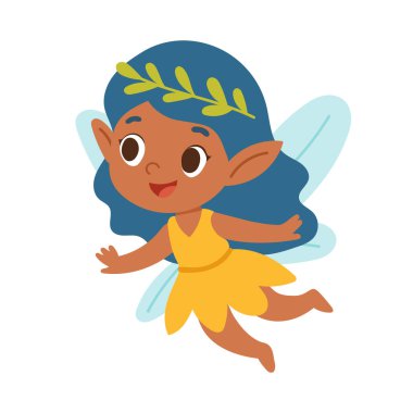 Mavi saçlı elf perisi illüstrasyonu orman folklorundan esinlenilmiştir, büyülü hikaye anlatımına uygundur, yaratıcı çocuk içeriği, ve fantezi sahneleri.