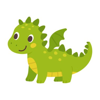 Kanatları ve çivileri olan sevimli yeşil ejderha çizimi, çocuk dekoru için mükemmel markalaşma, fantezi hikaye kitabı tasarımı ve şakacı maskot grafikleri..