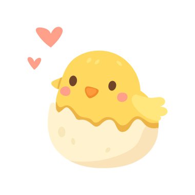 Yumurta kabuğundan kalplerle çıkan sevimli sarı civciv, tatlı bahar çiftlik hayvanı klipsi bebek partisi, çocuk odası dekorasyonu ve mevsimlik el sanatları için ideal..