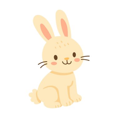 Tatlı pastel Paskalya tavşanı çizimi, yanakları kızarık ve yumuşak şekilli, çocuk odası dekorasyonu, tebrik kartları ve bahar tatili tasarımları için mükemmel..