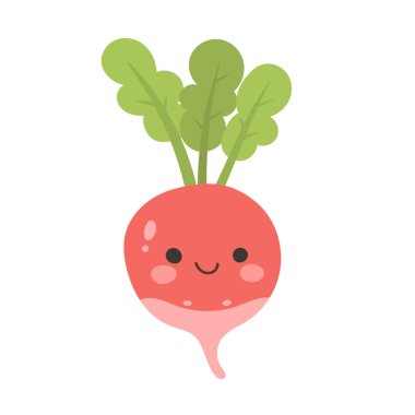 Yapraklı mutlu turp çizgi filmi sebzesi, neşeli bahçe sağlıklı besin maddeleri, organik tarım, taze hasat ve bitki temelli gıda için illüstrasyon üretiyor..