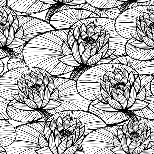 Lotus inkoustu ručně tažené bezešvé vzor/černá a bílé vody lilie — Stockový vektor