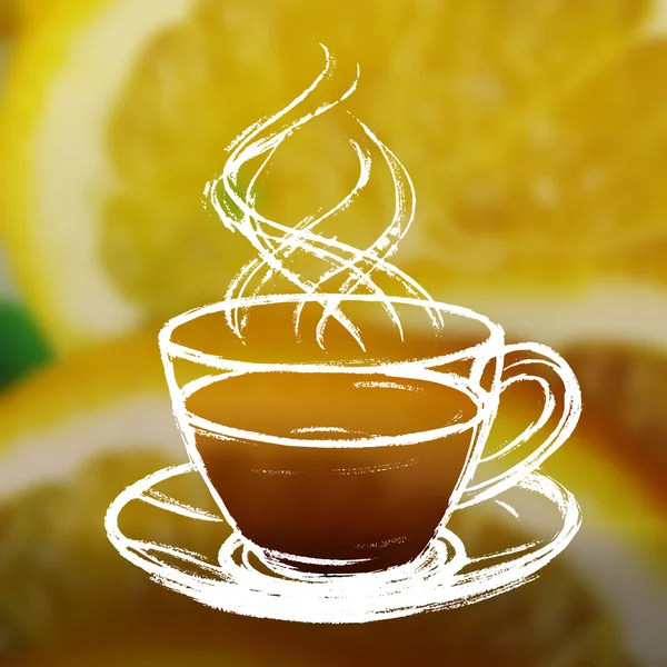 Tinta mão desenhada xícara de chá no fundo da foto borrada com fatia —  Vetores de Stock