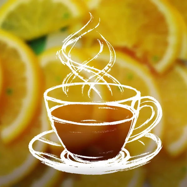 Encre dessinée à la main tasse de thé sur fond photo flou avec tranche — Image vectorielle
