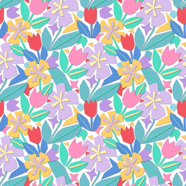 Nahtloses Muster Applikationsstil Mit Blühenden Blumen — Stockfoto