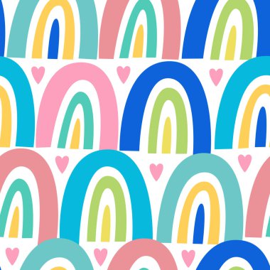 Gökkuşağı ve kalplerle kusursuz parlak çocuksu desen