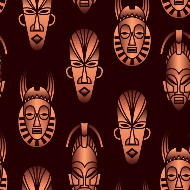Koyu bir arka planda etnik Afrika maskeleri olan kusursuz bir model.