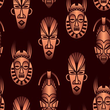 Vector seamless pattern with ethnic African masks on a dark background clipart