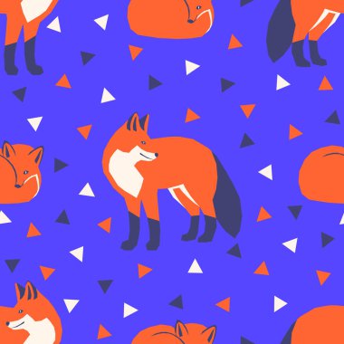 Mavi arka planda parlak turuncu tilkiler olan kusursuz bir model.