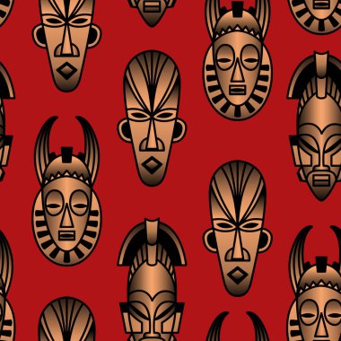 Koyu bir arka planda etnik Afrika maskeleri olan kusursuz bir model.