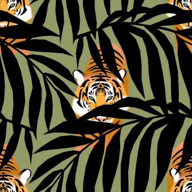 Ormandaki palmiye yapraklarında saklanan kaplanlarla kusursuz bir desen.