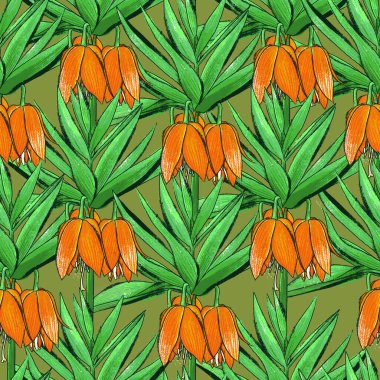 Yeşil arka planda parlak turuncu fritillaria ile pürüzsüz desen