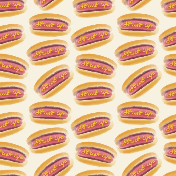 Seamless pattern with hot dogs Delicious fast food with mustard — Stock Photo, Image