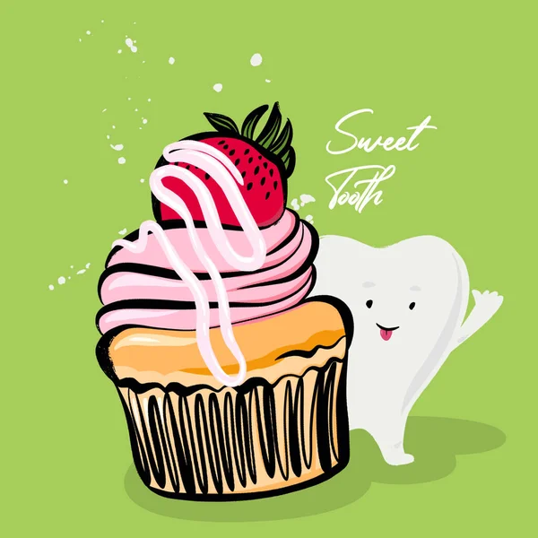 Sweet tooth with strawberry cupcake Funny and bright illustration — Stock Photo, Image