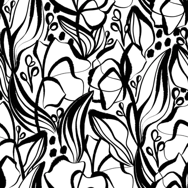 Schwarz-weißes nahtloses Muster mit Linienkunstblumen — Stockfoto