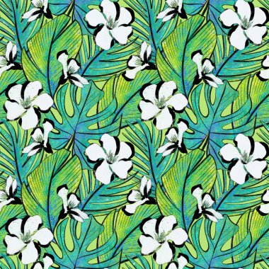 Tropik çiçeklerle kusursuz desen Parlak yaz tasarımı