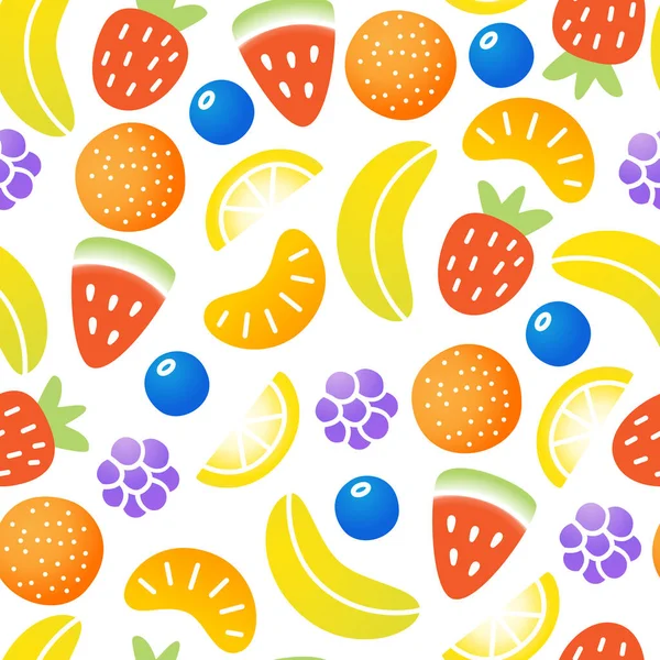 Modèle vectoriel sans couture avec des bonbons aux fruits lumineux et sucrés sur fond blanc — Image vectorielle